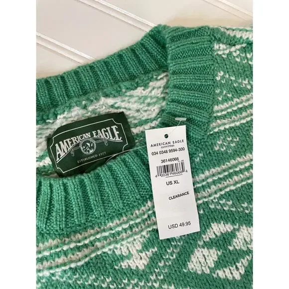 NWT American Eagle Outfitters Green & White Fair Isle Snowdrift Sweater Size XL - Picture 7 of 8